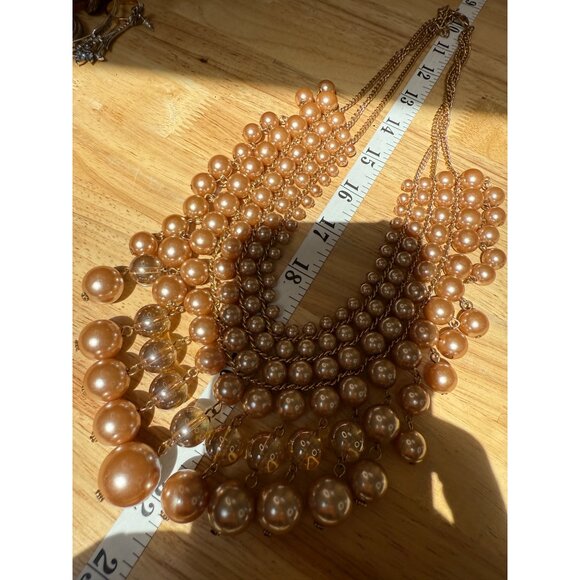 Gold Tone Multi-Layered Faux Pearl Statement Necklace With Clear Beads & Adjusta - Picture 5 of 9